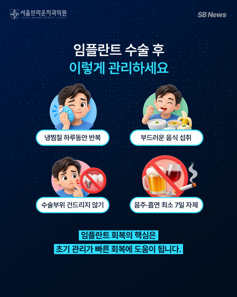 임플란트 수술 후 냉찜질과 음식 및 구강관리 등 회복 시 주의사항을 설명한 이미지