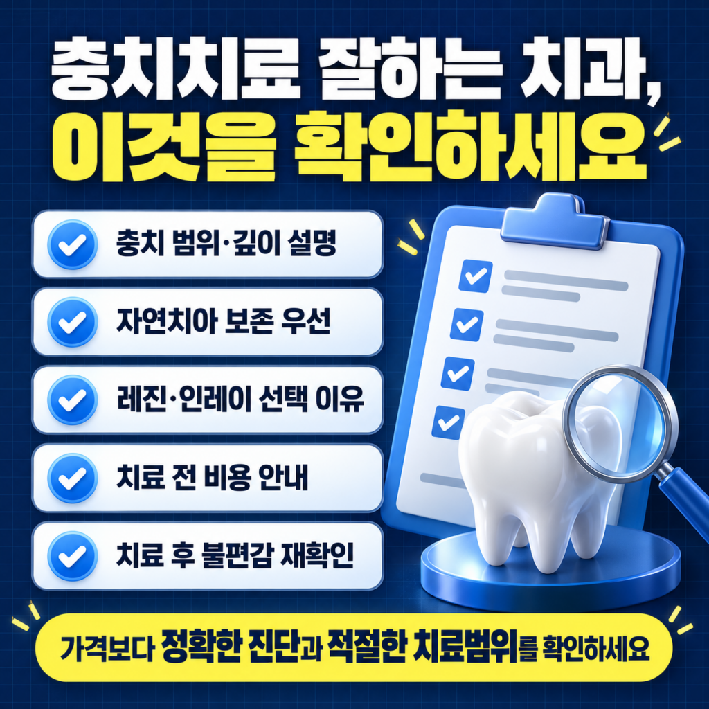 충치치료 치과 선택 시 정확한 진단 자연치아 보존 치료범위 비용과 사후관리를 확인하는 이미지