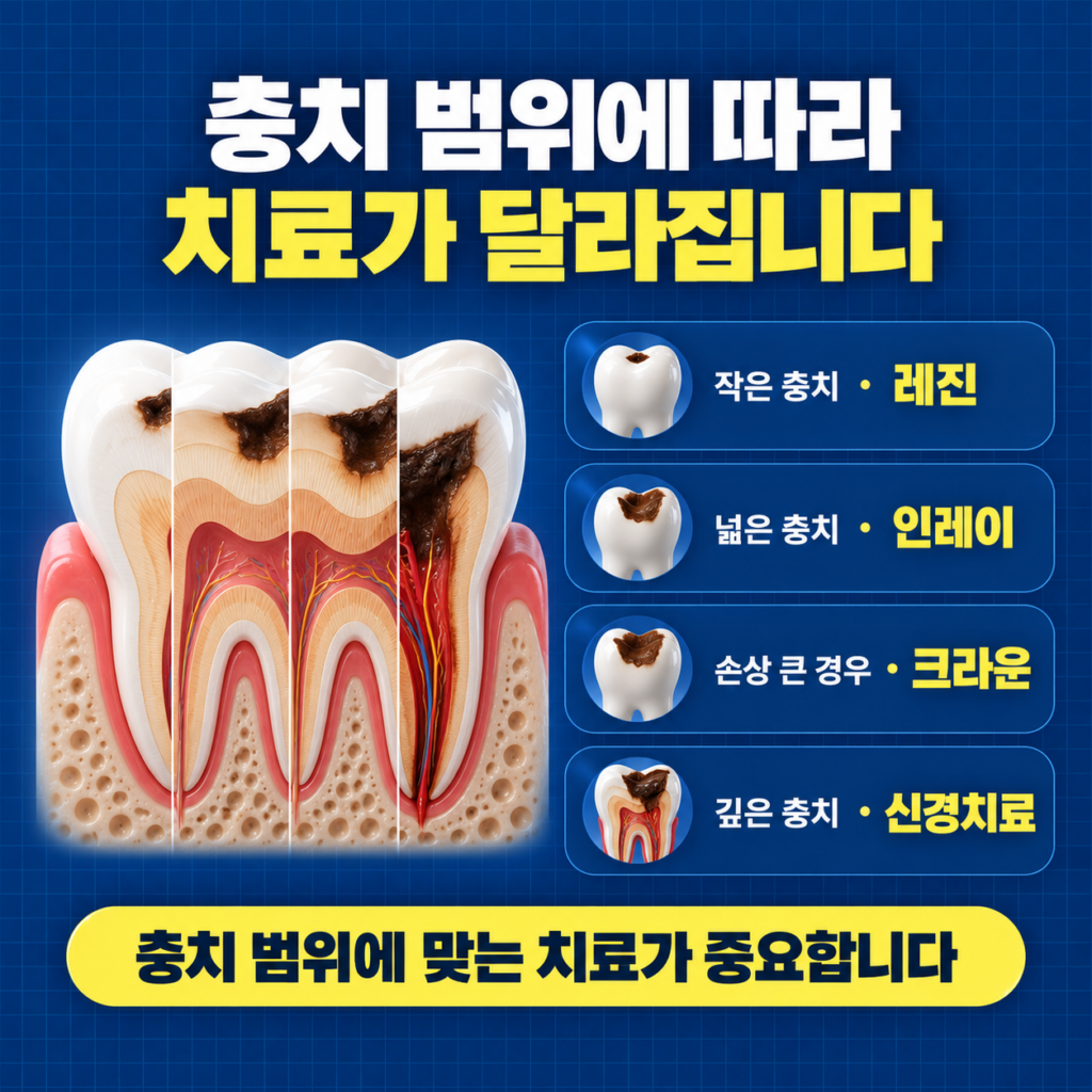 충치 범위에 따라 레진 인레이 크라운 신경치료를 선택하는 기준을 설명한 이미지