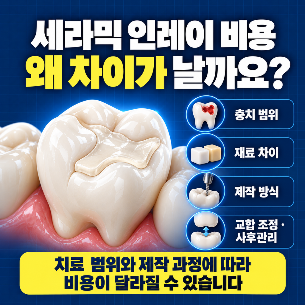 충치 범위에 따라 레진 세라믹 인레이 온레이 크라운 치료가 달라지는 과정을 설명하는 이미지