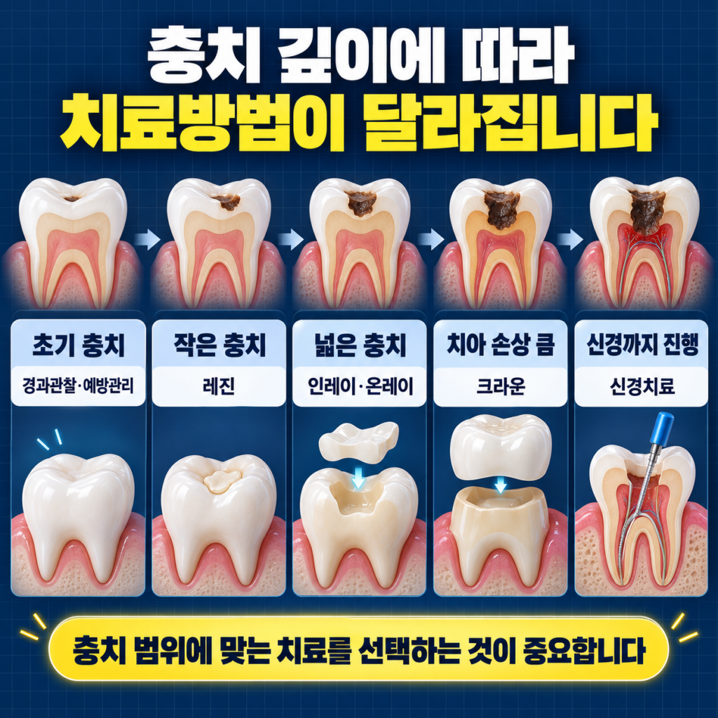 충치 깊이와 범위에 따라 레진 인레이 크라운 신경치료를 선택하는 기준을 설명하는 이미지