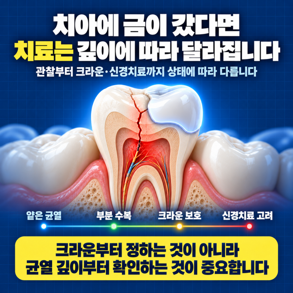 치아 크랙 깊이에 따라 관찰 레진 온레이 크라운 신경치료와 발치 여부가 달라지는 이미지