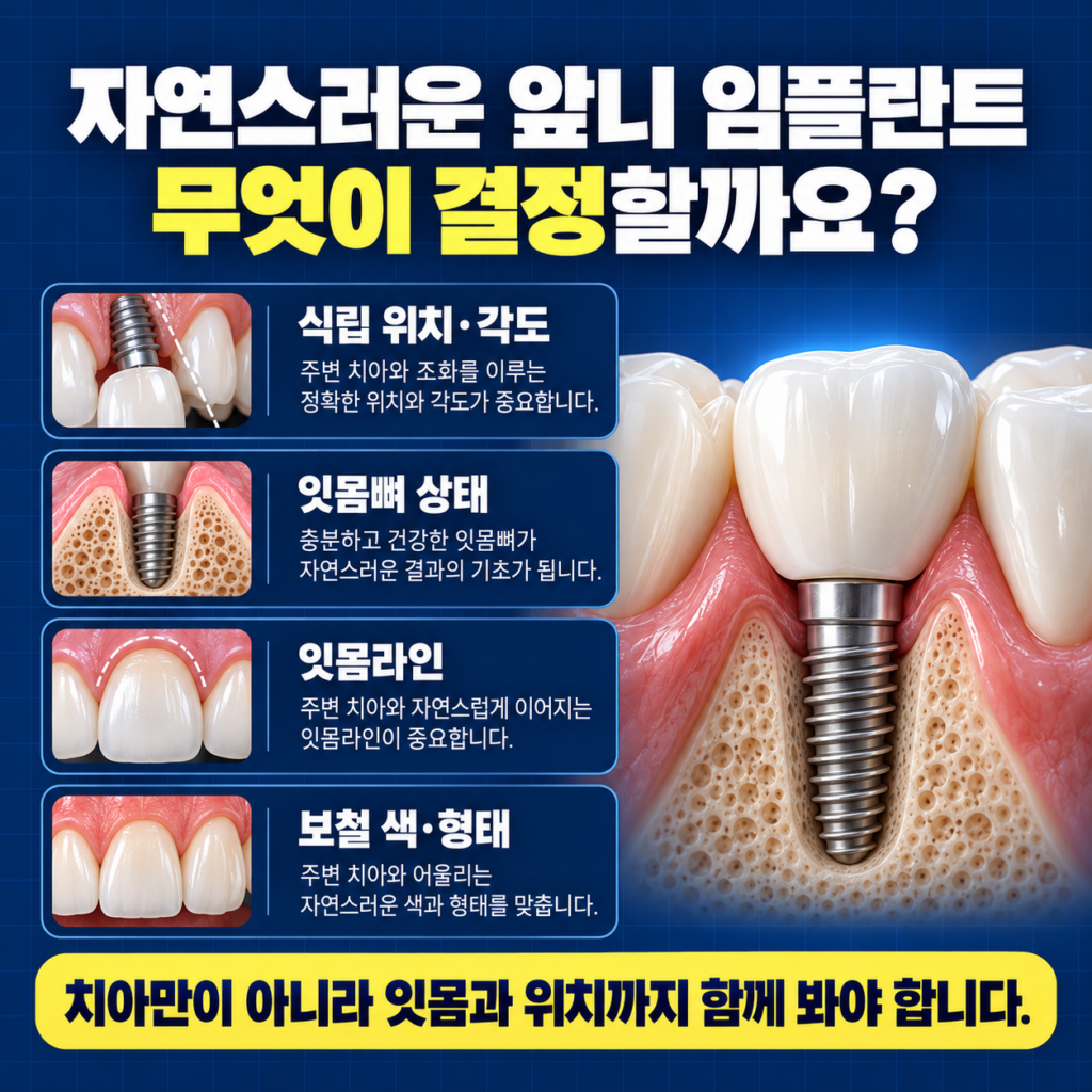 앞니 임플란트의 자연스러운 결과에 영향을 주는 식립 위치 잇몸뼈 잇몸라인 임시치아와 크라운을 설명한 이미지