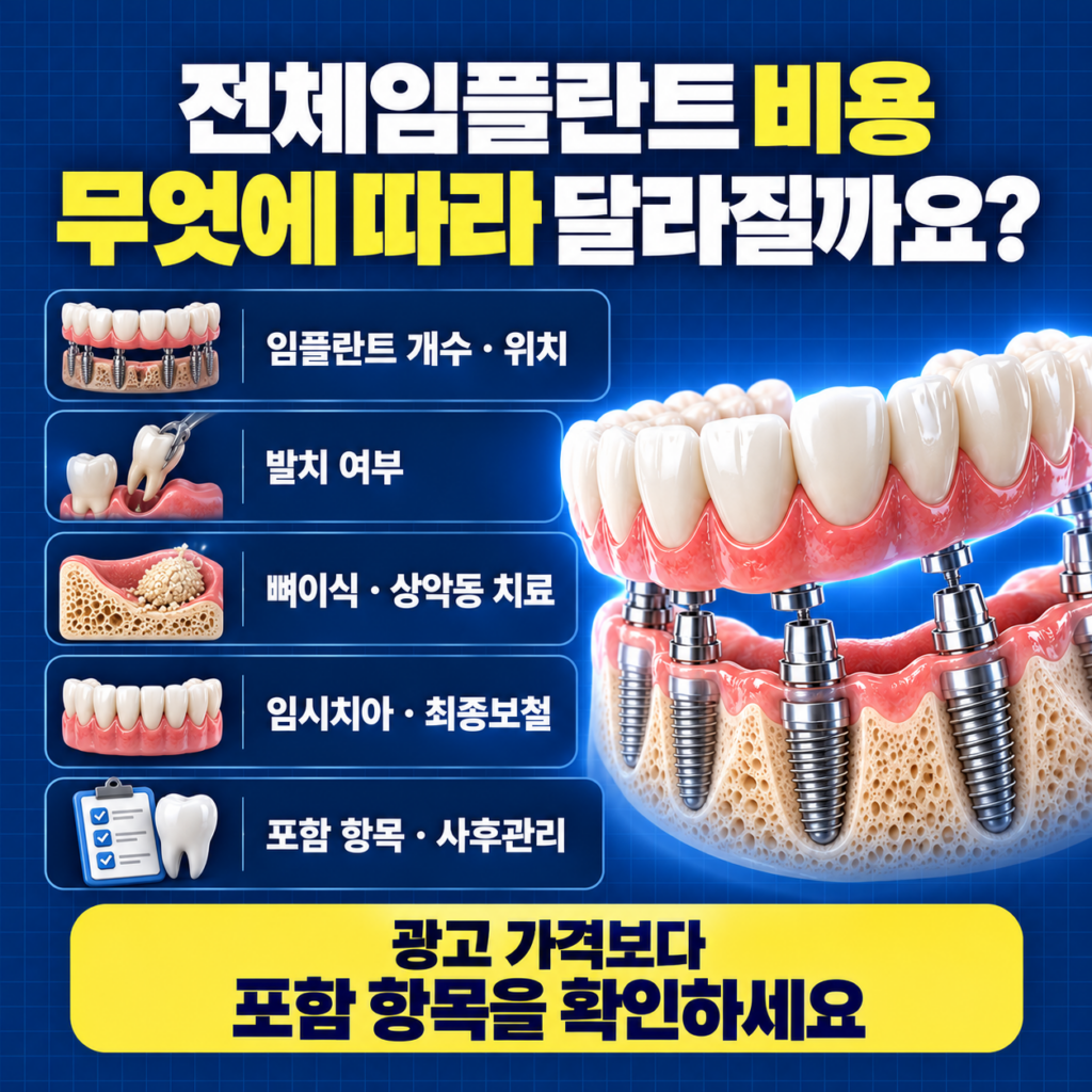 전체임플란트 비용을 결정하는 임플란트 개수 발치 뼈이식 임시치아와 최종 보철을 설명하는 이미지