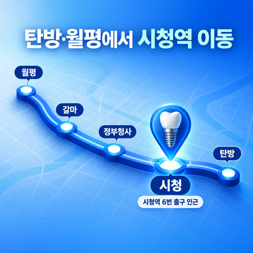 월평역과 탄방역에서 시청역 임플란트 상담 장소까지 이동하는 도시철도 동선