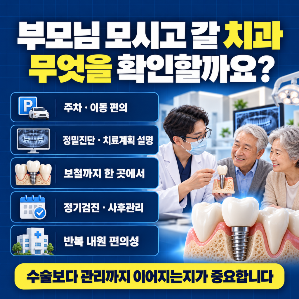대전 부모님 임플란트 치과 선택 시 주차 접근성 정밀진단 보철 사후관리를 확인하는 이미지