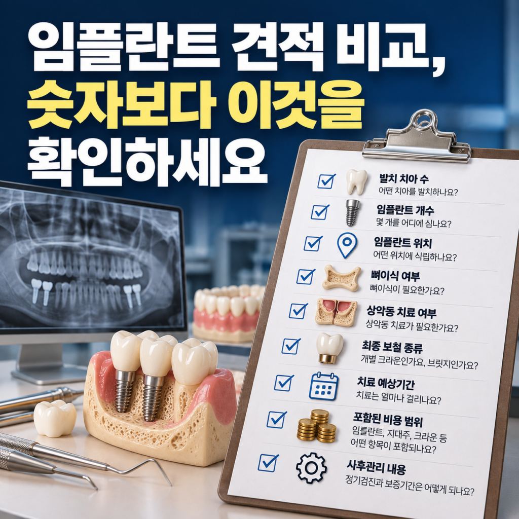 임플란트 견적 비교 시 발치 치아 임플란트 위치 뼈이식 보철 치료기간과 비용 범위를 확인하는 이미지