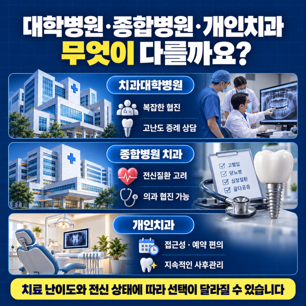 임플란트 치료에서 치과대학병원 종합병원 치과 개인치과의 장점과 차이를 비교한 이미지