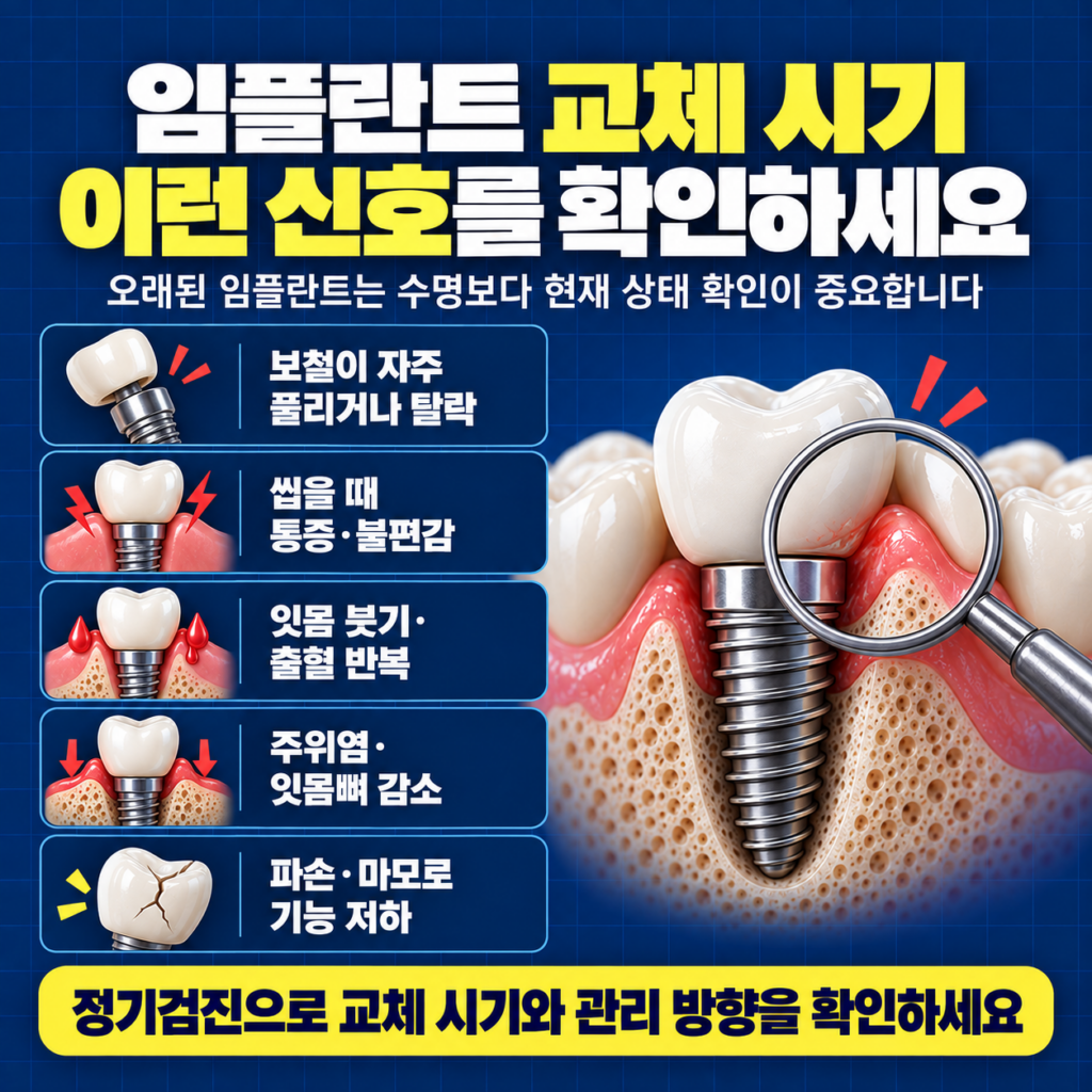 임플란트 교체 시기를 사용기간만으로 판단하지 않고 흔들림 뼈손실 크라운과 나사 상태를 확인하는 이미지