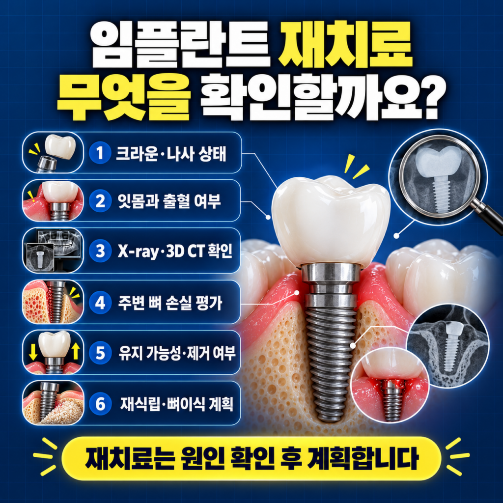 임플란트 재치료 상담에서 X-ray 3D CT 뼈 손실 기존 부품 재식립과 최종 보철을 확인하는 이미지