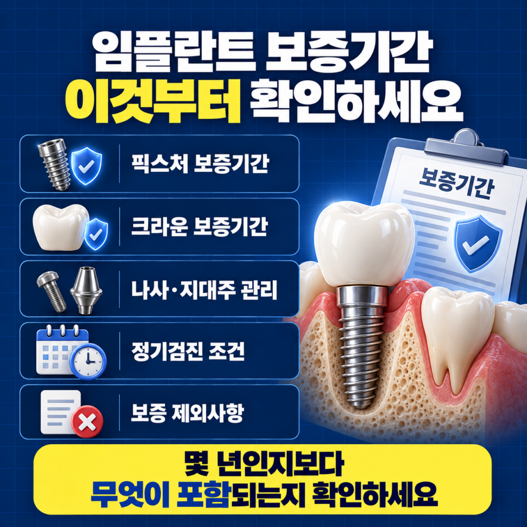 임플란트 보증기간 확인 시 픽스처 크라운 나사 정기검진과 보증 제외 조건을 확인하는 이미지