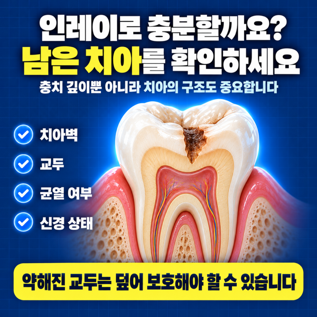 인레이를 장착한 어금니의 수복물 경계와 씹는 면을 보여주는 치료 후 관리 이미지