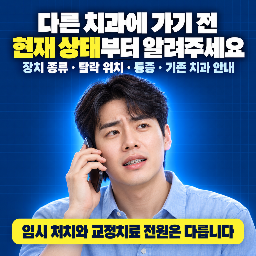 다른 치과에서 교정장치 문제를 상담하기 전 장치 상태를 확인하는 성인 환자 이미지