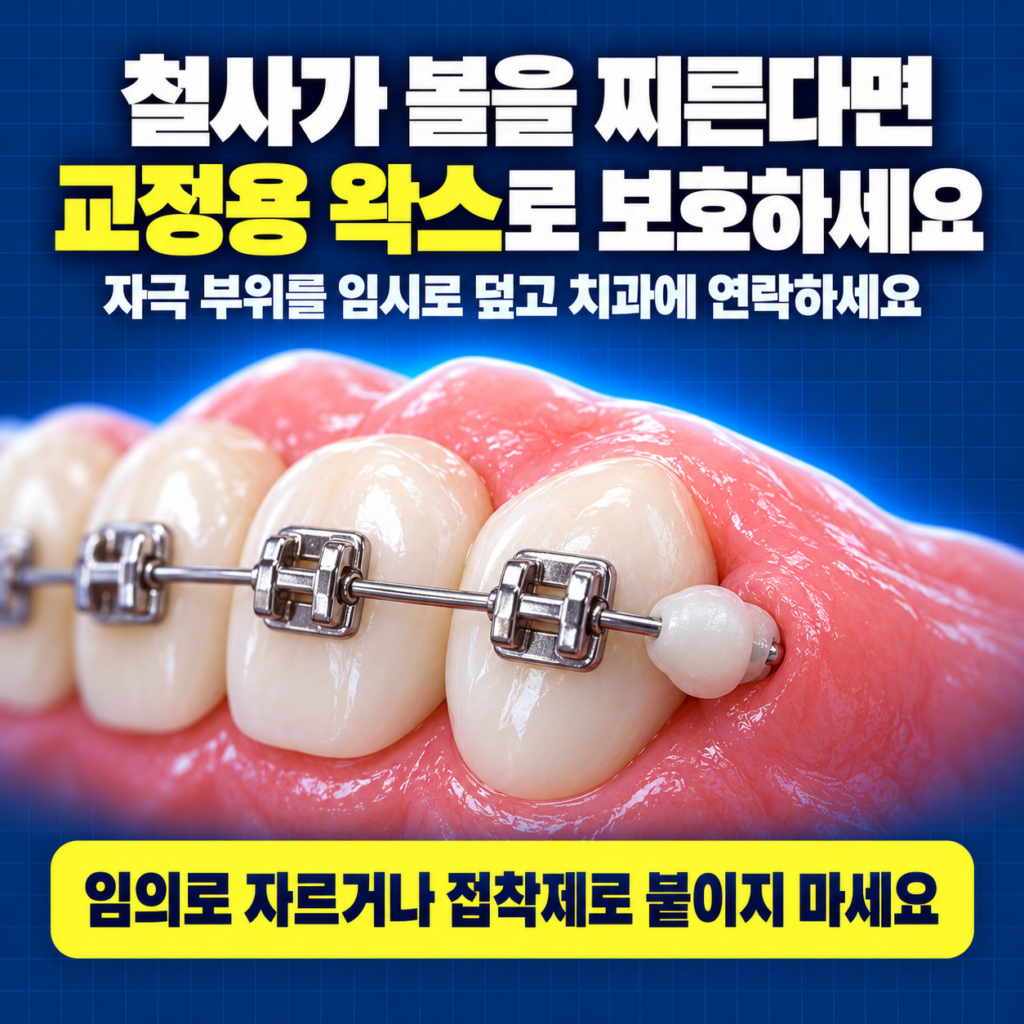 볼을 자극하는 교정장치의 날카로운 부위를 교정용 왁스로 덮어 보호하는 이미지