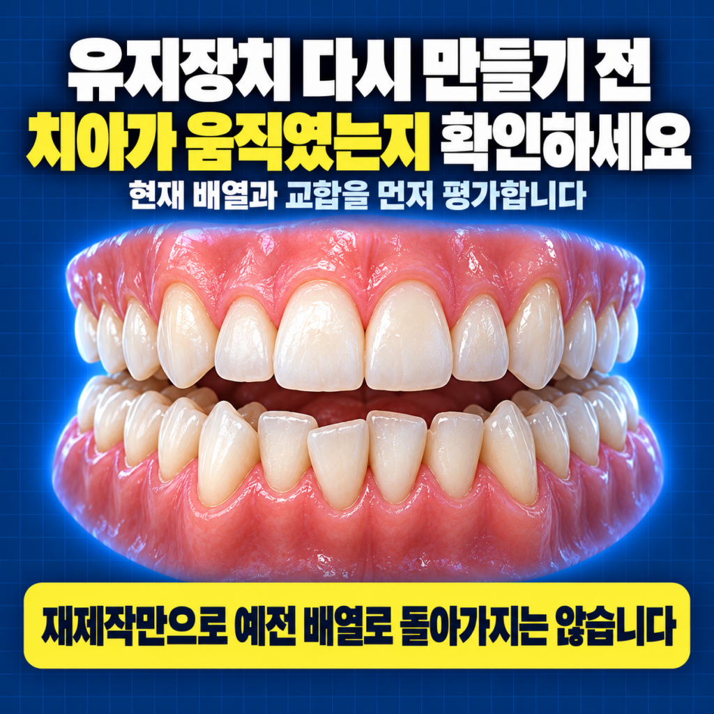 유지장치 분실 후 재제작 전 앞니 배열과 치아 이동 여부를 확인하는 치열 모형 이미지