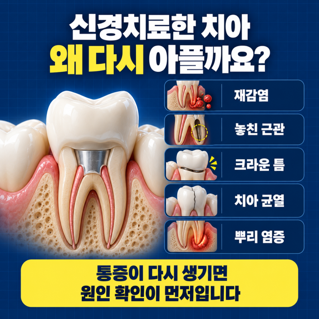 신경치료한 치아의 재감염 놓친 근관 크라운 누출 치아 균열과 뿌리 염증을 설명하는 이미지
