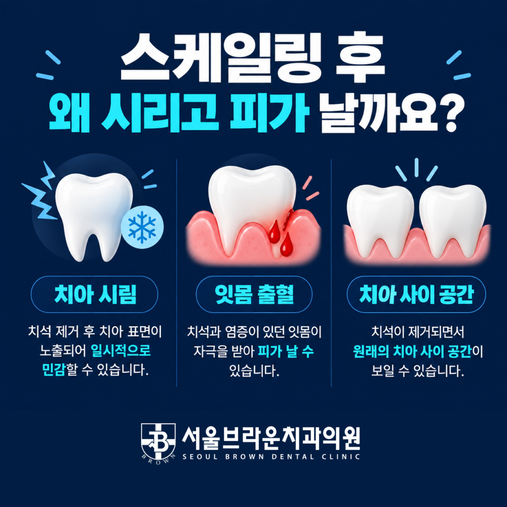 스케일링 후 치아 시림 잇몸 출혈 치아 사이 공간이 느껴지는 이유를 설명하는 이미지