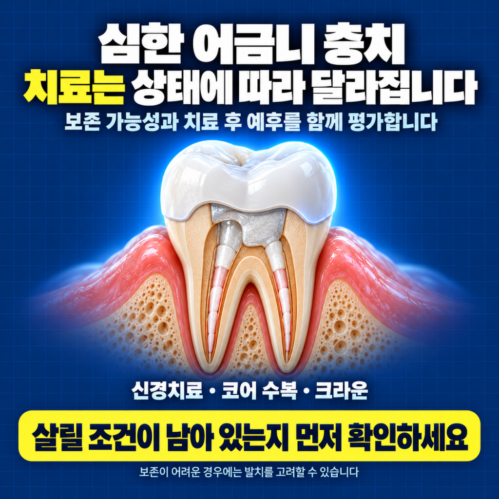 심한 어금니 충치에서 신경치료 코어 크라운 자연치아 보존과 발치 여부를 결정하는 이미지
