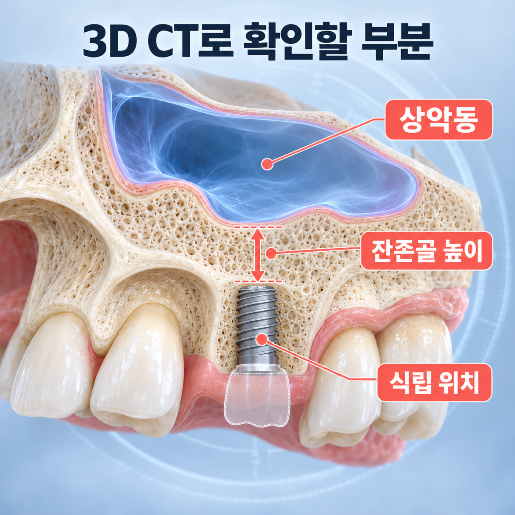 3D CT로 상악동 위치와 잔존골 높이 및 임플란트 식립 위치를 확인하는 구조
