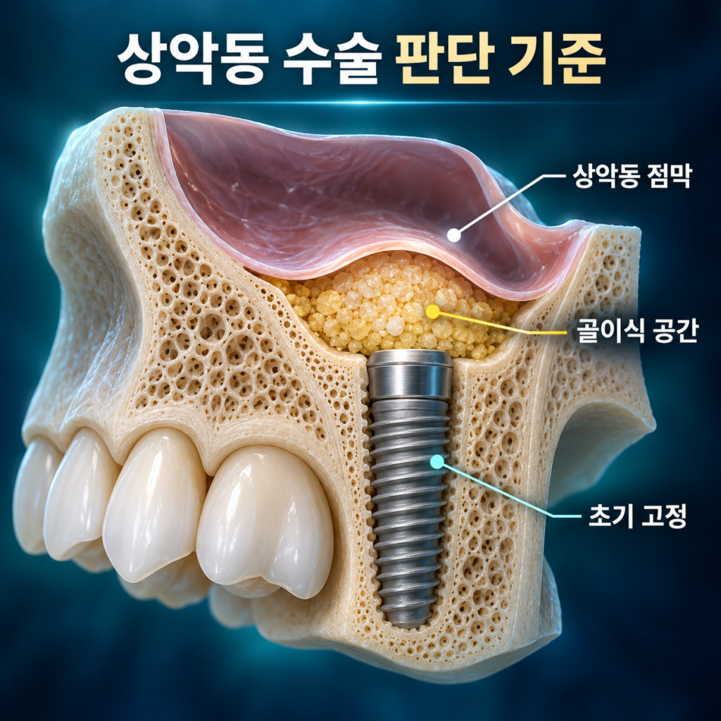 상악동 점막 아래 골이식 공간과 임플란트 초기 고정을 설명한 구조