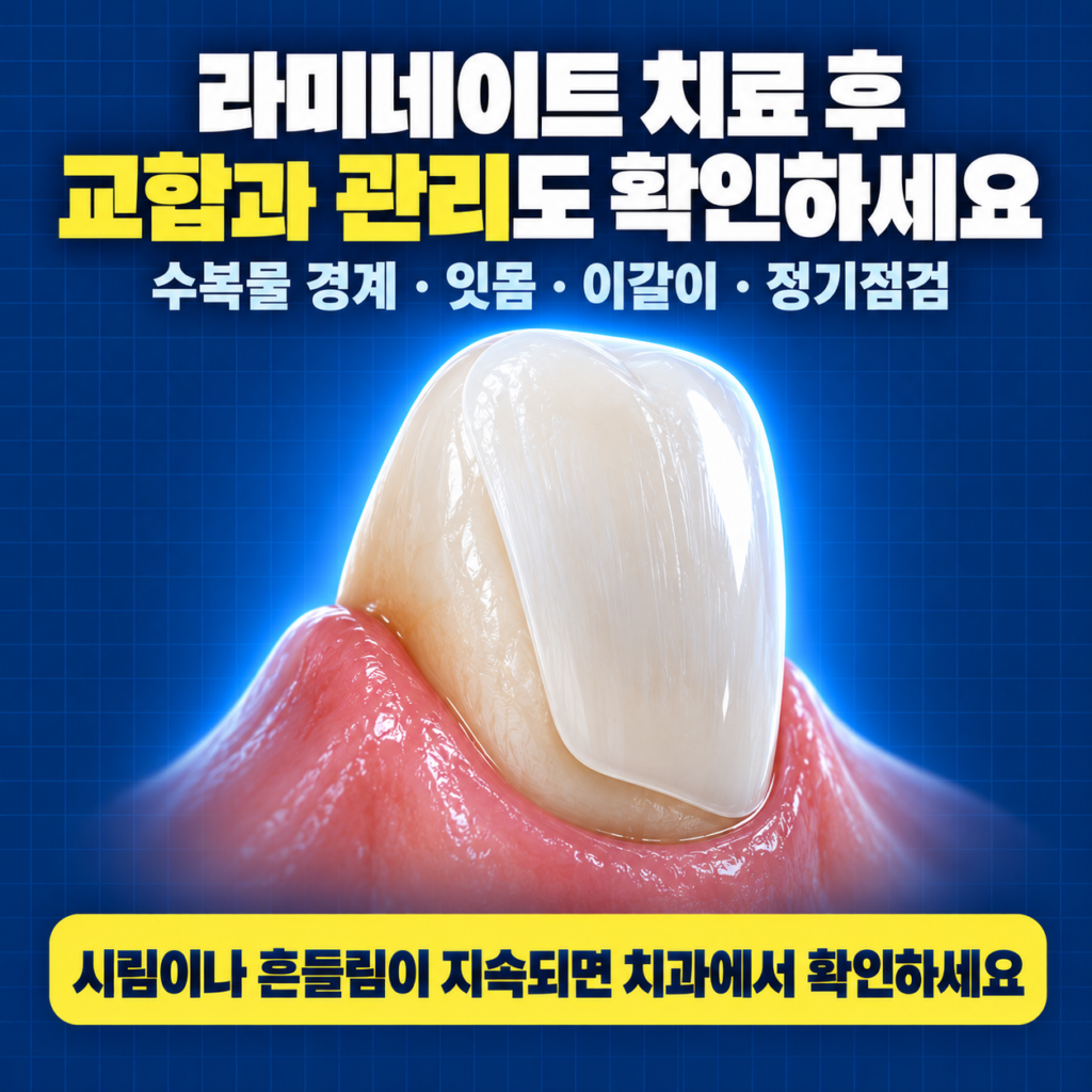 라미네이트 치료 후 수복물 경계와 잇몸 및 교합 상태를 점검하는 이미지