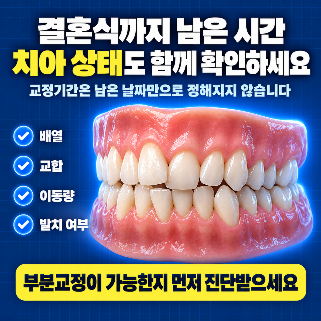 결혼 전 교정기간을 판단하기 위해 치아 배열과 교합 이동량을 확인하는 이미지