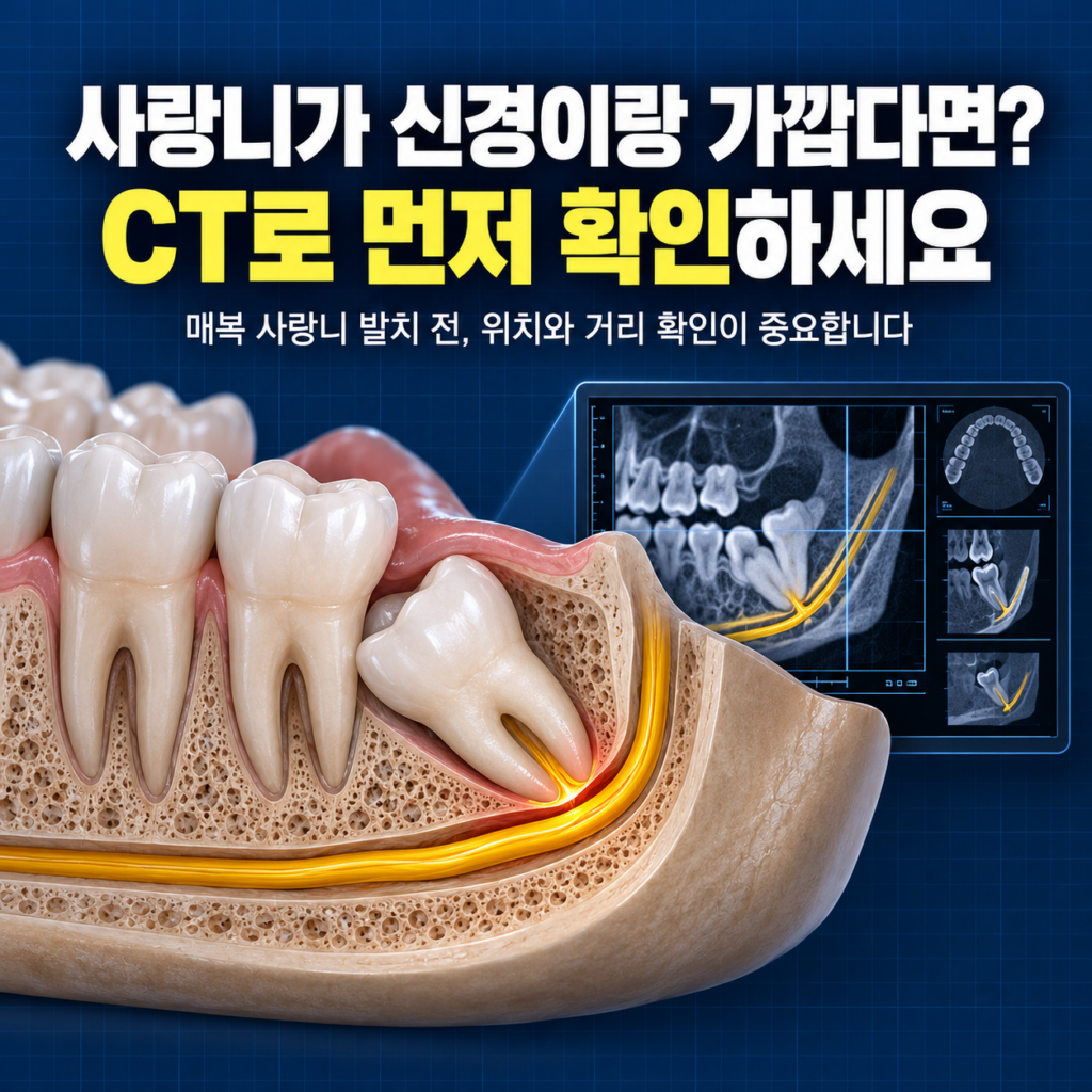 신경과 가까운 매복 사랑니에서 전체 발치 관찰 부분절제술 등 치료방법을 비교하는 이미지