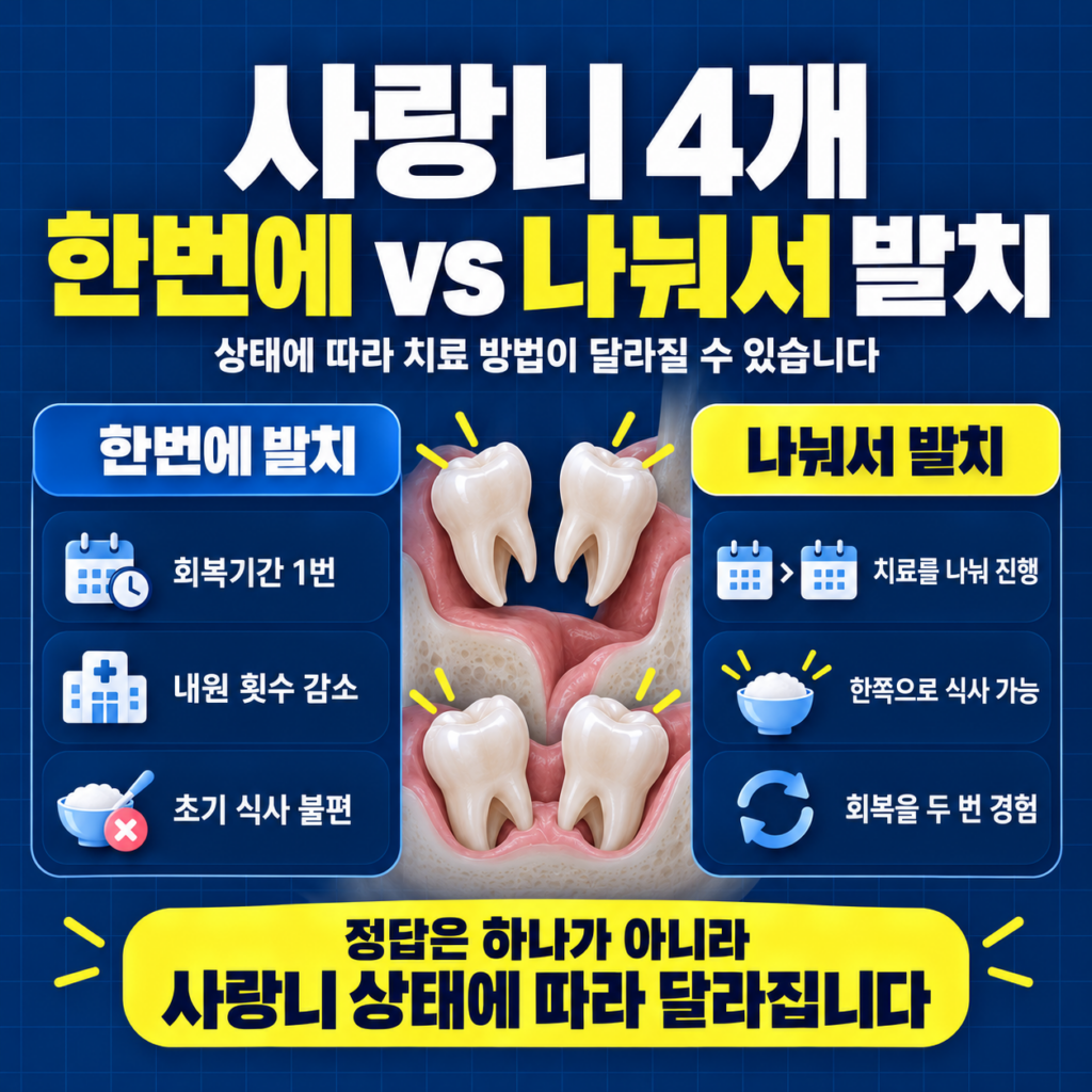 사랑니 네 개를 한꺼번에 발치하는 방법과 좌우로 나누어 발치하는 방법의 차이를 비교한 이미지
