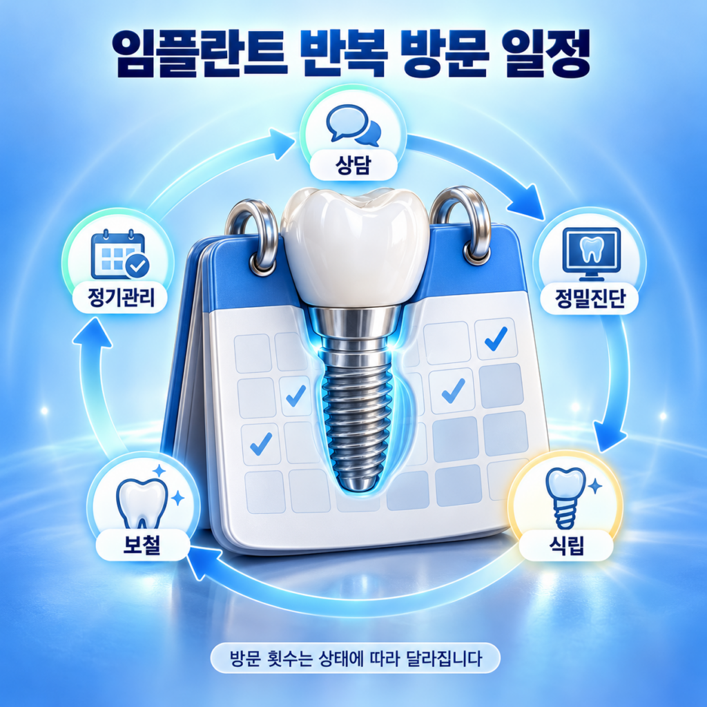 임플란트 상담부터 정밀진단과 식립 및 보철까지 이어지는 반복 방문 일정