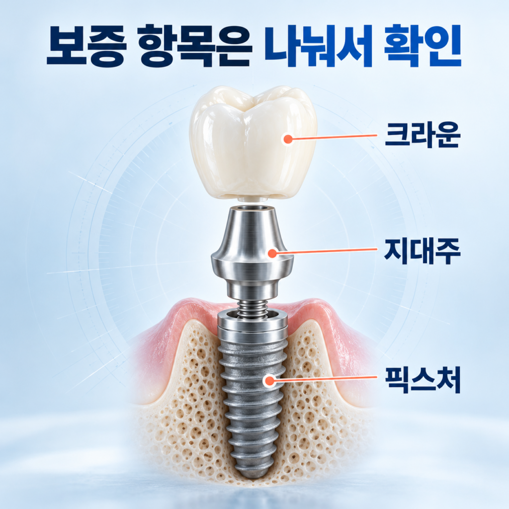 크라운 지대주 픽스처별 보증 범위를 구분한 임플란트 구조