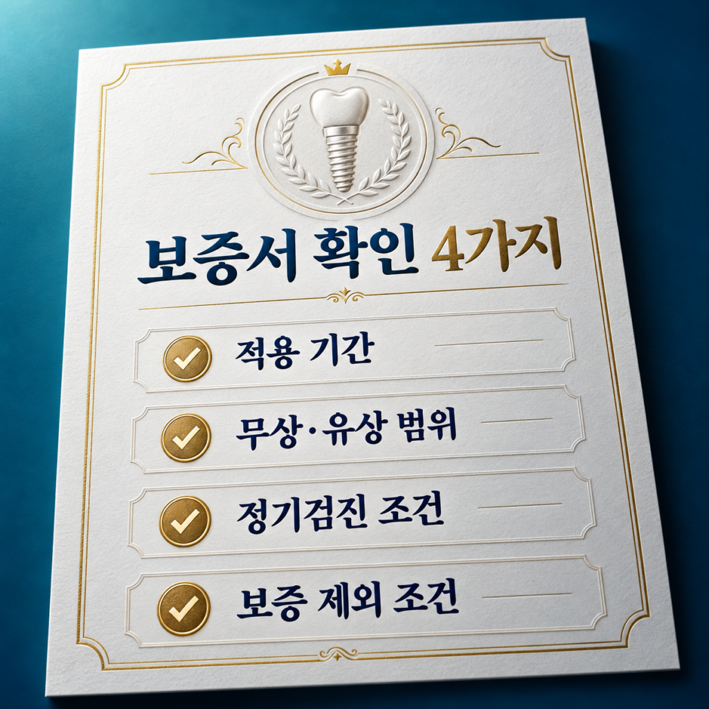 적용 기간과 비용 및 정기검진 조건을 정리한 임플란트 보증 확인표